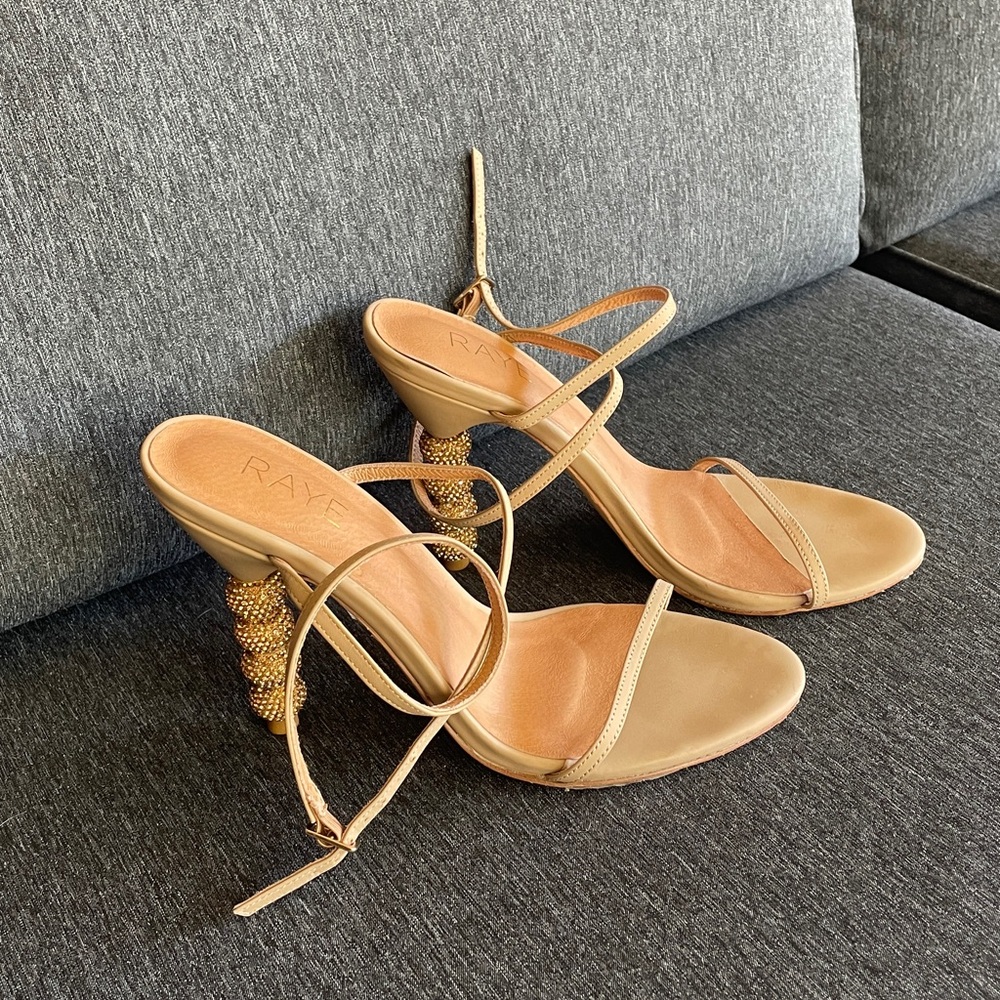 RAYE Ax Heel barely there heels tan 8,5 Christmas wedding sparkly rhinestones